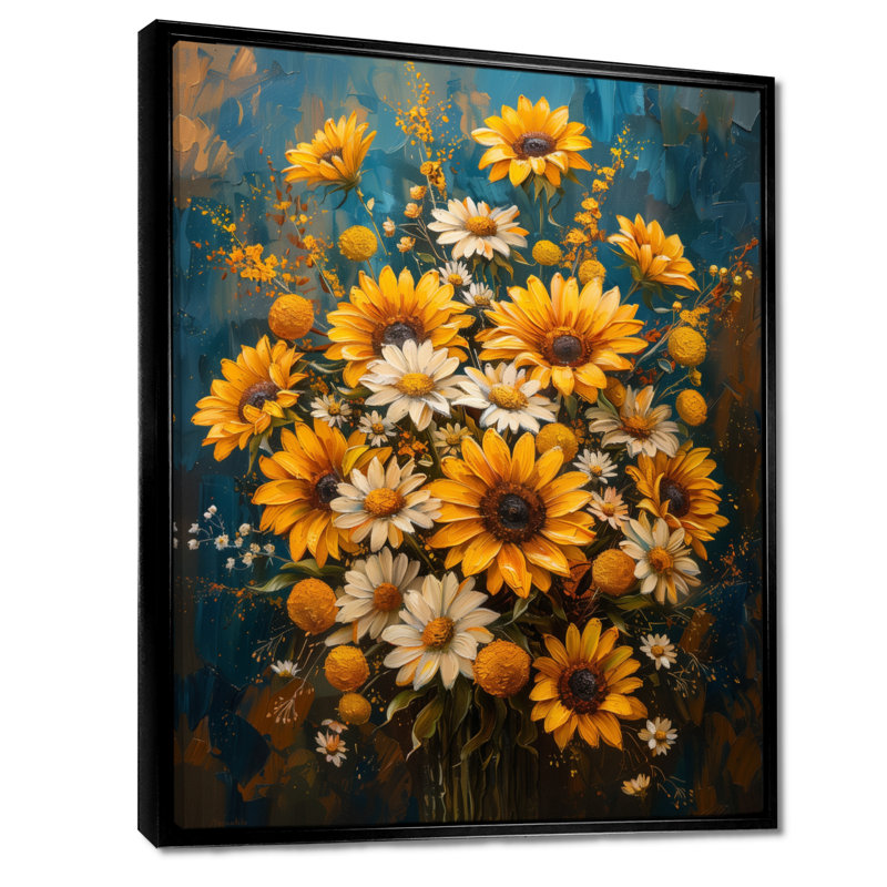 Bouquet jaune et blanc de tournesols de joie - salon d'art mural tournesols, Cadre flottant noir, H 12 po x l 20 po