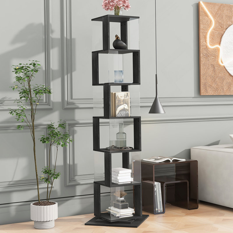 6-Tier Rotating Bookshelf, Floor Rack With Acrylic Plate And Anti-Toppling Base