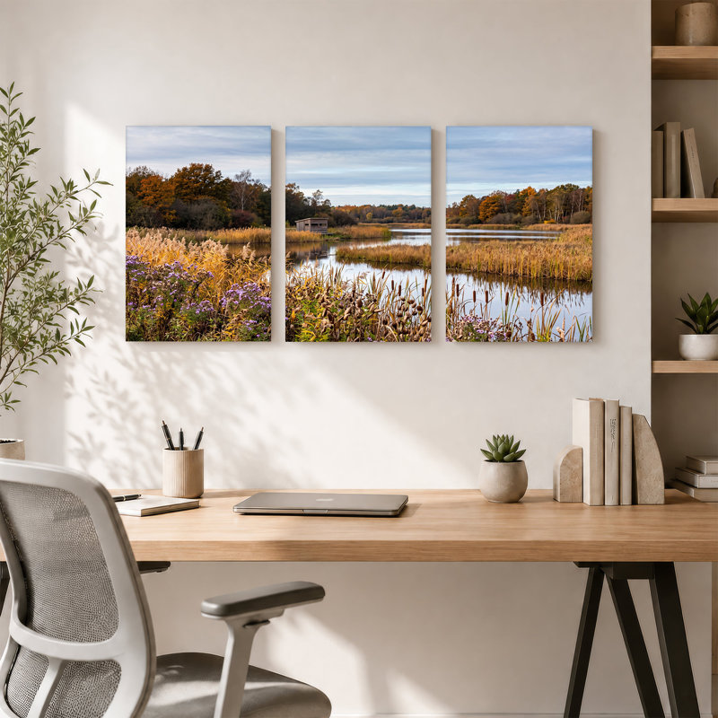 «Autumn Wetlands with Wooden Bird Blind», ensemble de 3 toiles murales, 30"H x 20"W x 3pcs