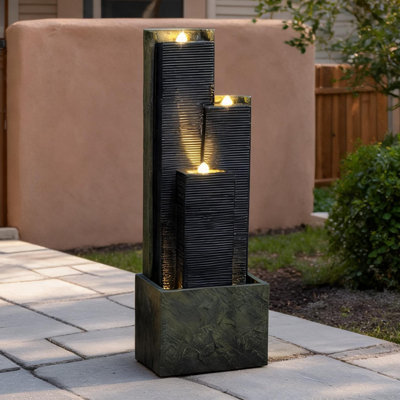Tiered Resin Outdoor Fountain in Neutral Gray with Cascading Waterfall and LED Lights, 39-Inch Freestanding Water Feature for Garden, Patio, or Backyard