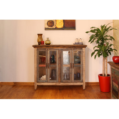 Console antique multicolore 50 po avec 4 portes en verre, finition multicolore