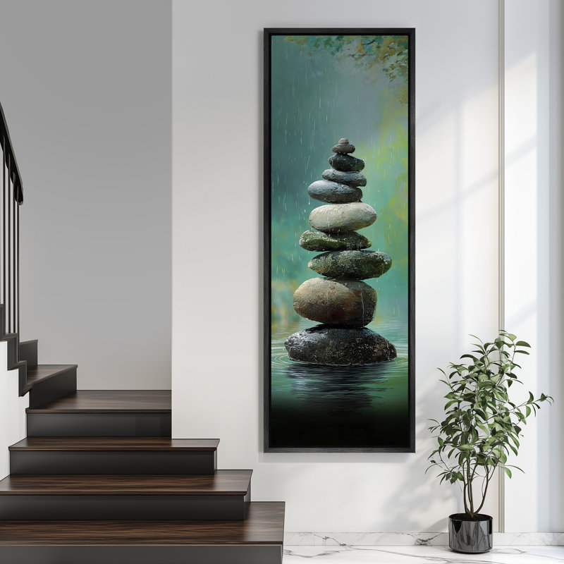 Zen, pierres empilées, réflexion de l'eau, spa, vertical, décoration murale, très grandes photos, impression sur toile encadrée