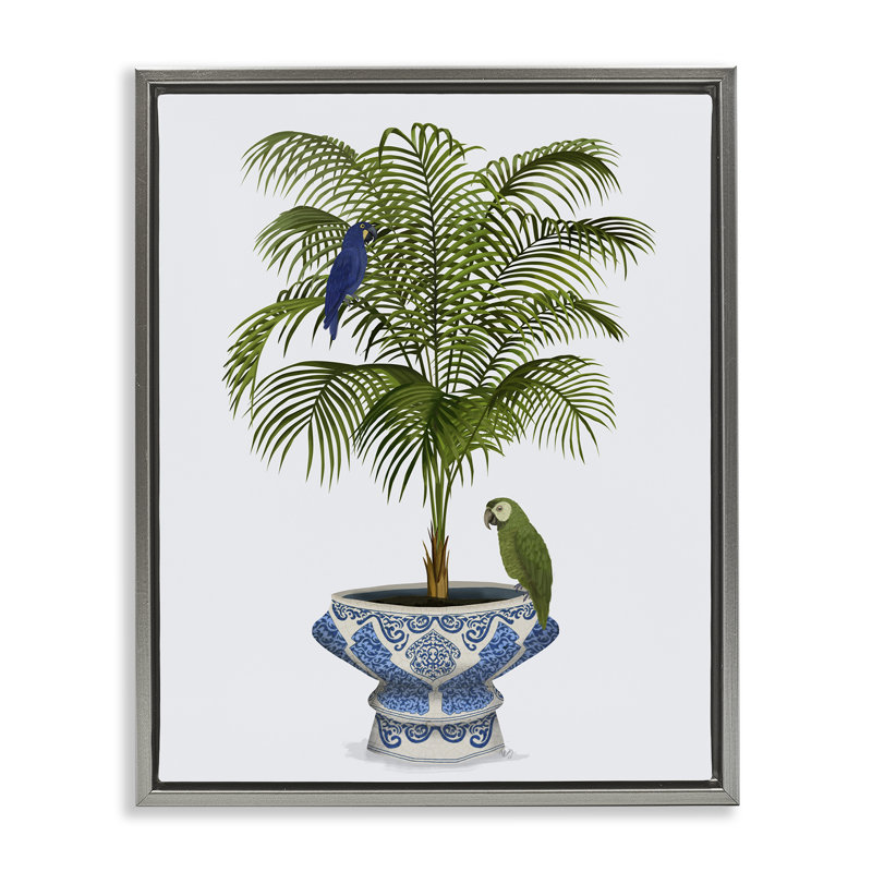 "Parrots on Ornate Planter", art mural sur toile flottante par Fab Funky, H 31 po x l 25 po, Cadre flottant gris lustré
