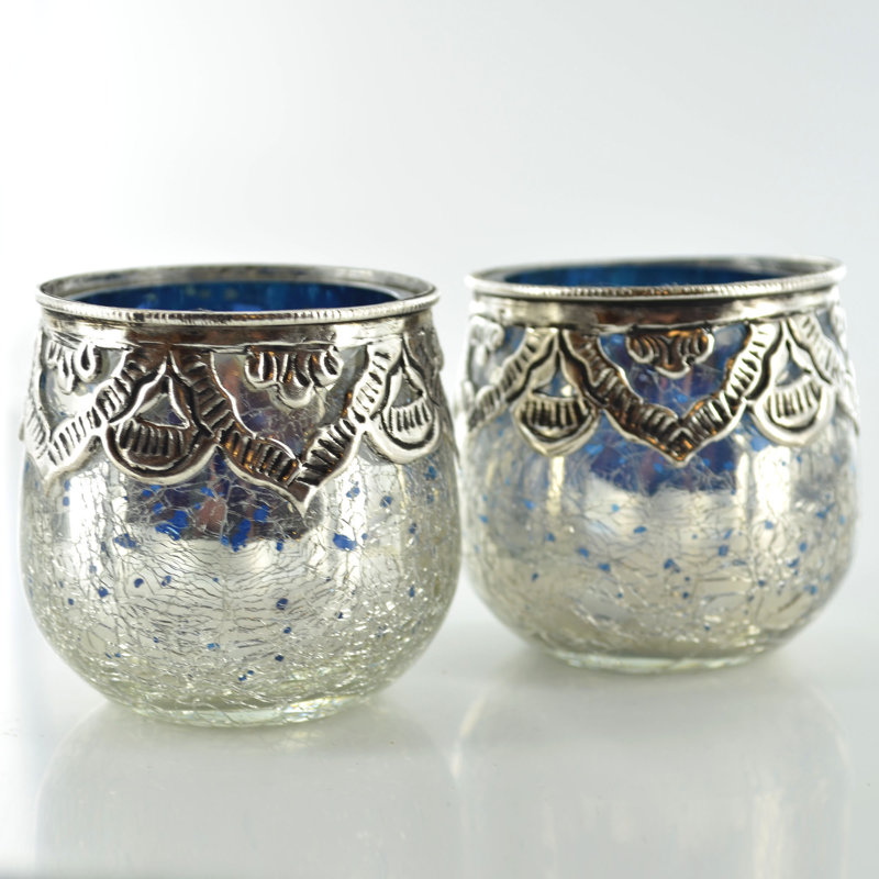 2 Piece Glass Tabletop / Centrepiece Votive Holder Set, Silver/Blue