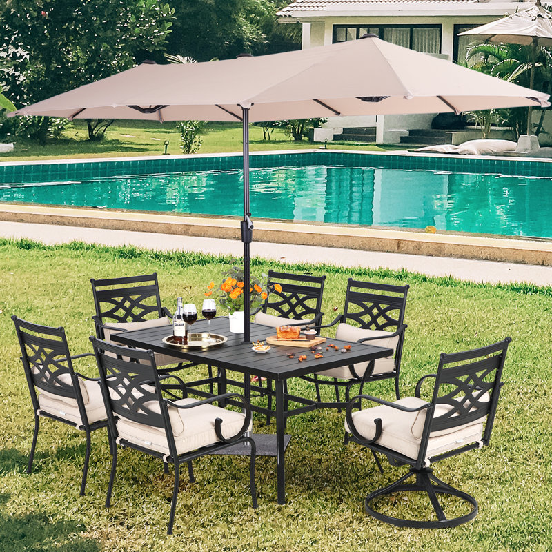 Aivo 6 - Person Patio Dining Set with Rectangular Table , Cushions Included, Beige