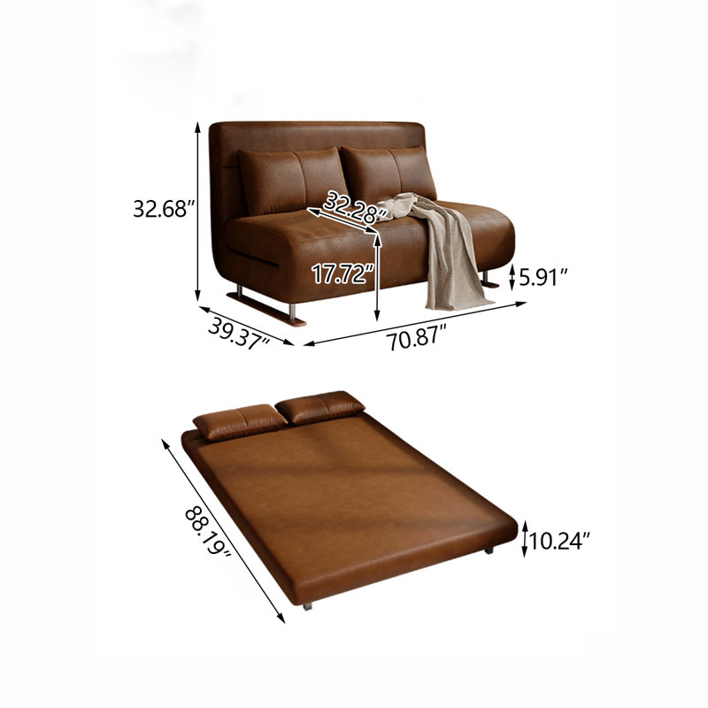 Canapé-lit brun avec pattes, H 32,68 po x l 88,19 po x P 70,87 po