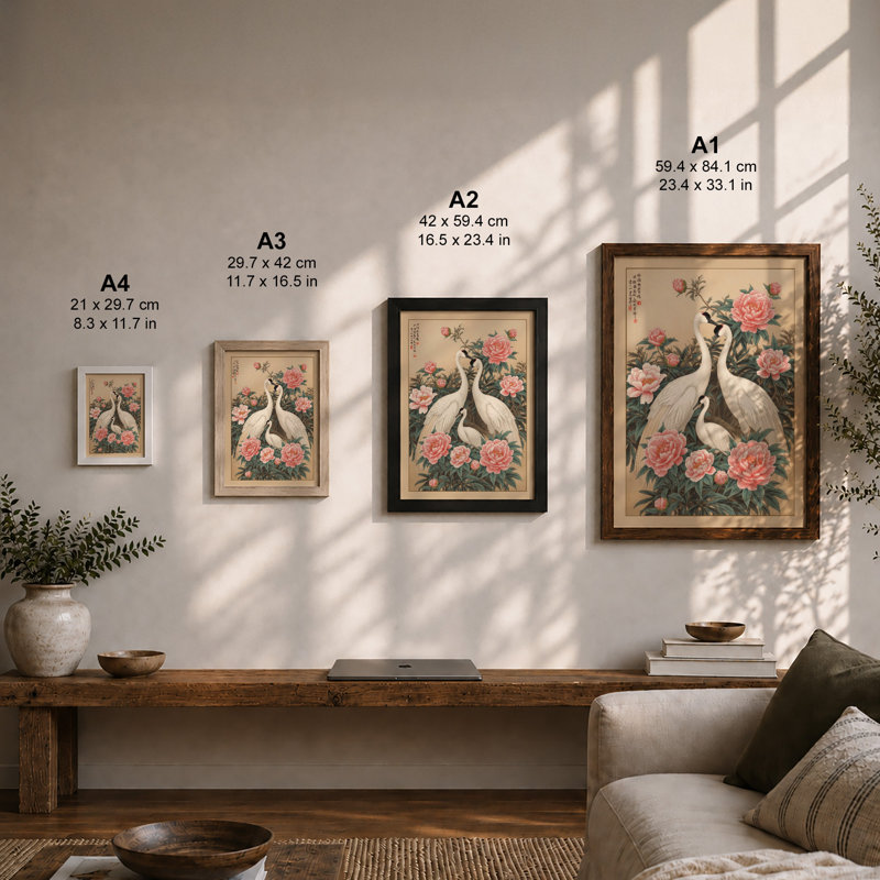 Cranes Among Peonies Japandi - Framed Print, Unframed, A4 - 29.7 x 21.0 cm