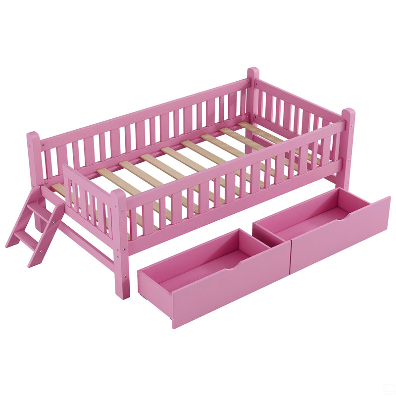 Wood Twin Size Platform Bed With Guardrail And 2 Drawers, Pink