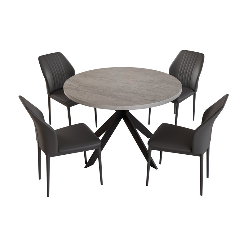 Cappelletti Round Steel Pedestal Dining Table Set, Black, 5 Pieces: Table, 4 Chairs