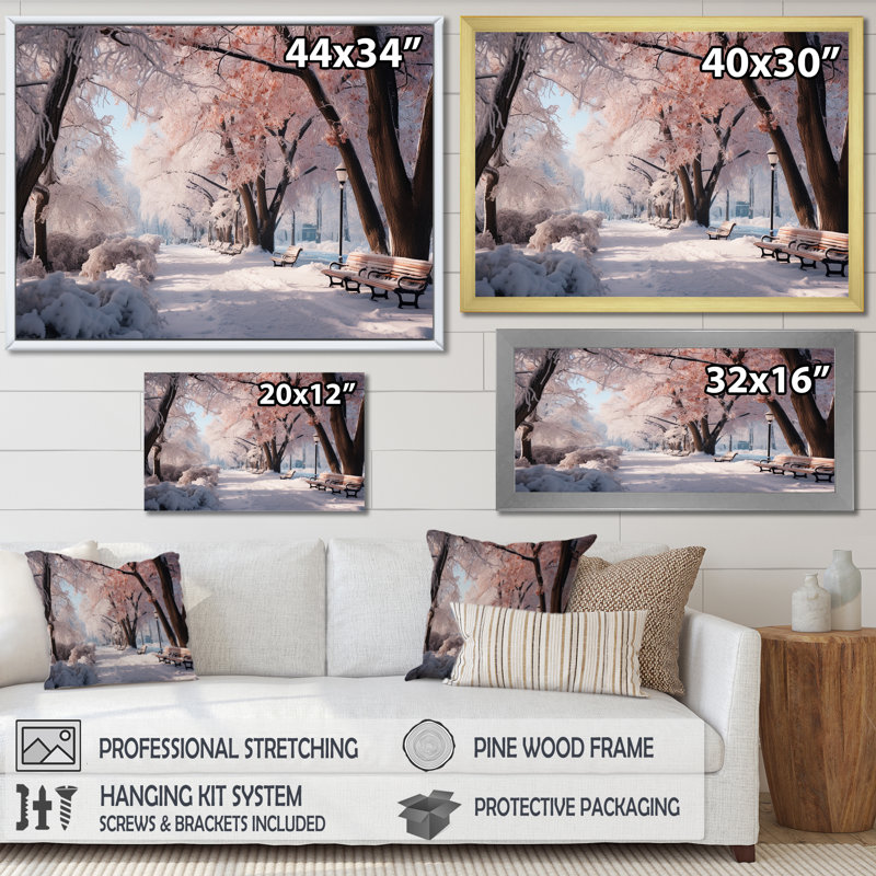 «Pink Snowy Park Floral Canopy», art mural sur toile, Cadre flottant brun, H 12 po x l 20 po x P 1 po