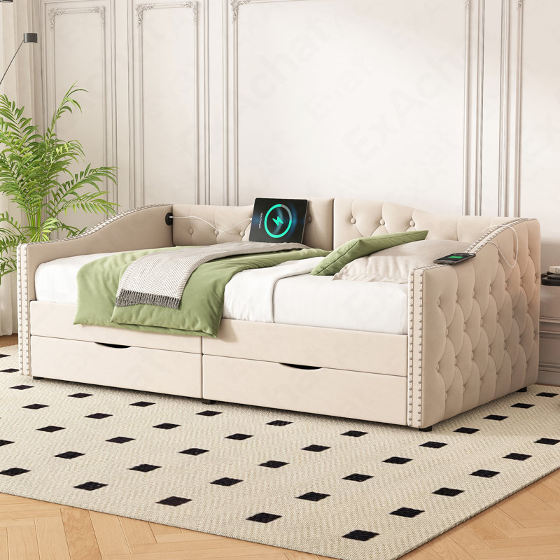 Upholstered Daybed With Storage Drawers, Wood Daybed Twin Size, With USB Ports & 2 Storage Drawers, No Box Spring Needed, BEIGE