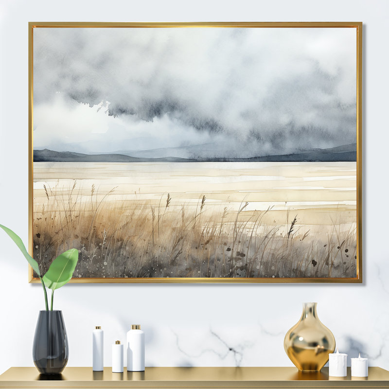 Beige tempête charme II sur toile, Cadre flottant doré, H 16 po x l 32 po x P 1 po