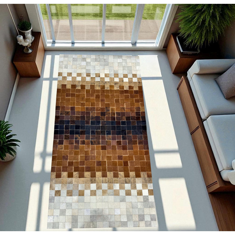Tapis brun en peau de vache ombrée, tapis d'entrée fait à la main, Rectangle 6 pi x 9 pi