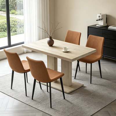 Dining Table Set For 4-6 People, 46.1 Inch Modern Kitchen Table With 4 Faux Leather Chairs, Rectangular Dining Room Table Set For Home, Small Spaces, Breakfast Nook Oak Table & 4 Brown Chairs