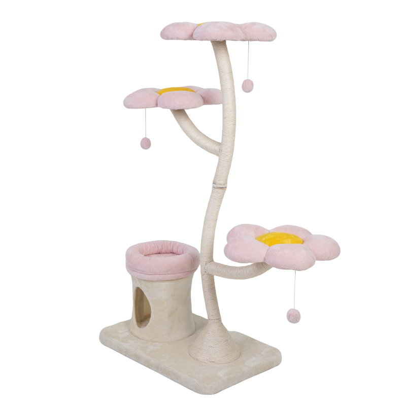 Tour pour chat d'intérieur en forme de fleur avec plateformes en fleurs, boules cylindriques et roses suspendues pour arbre actif à plusieurs niveaux en beige, avec structure stable, lit surélevé, noyau