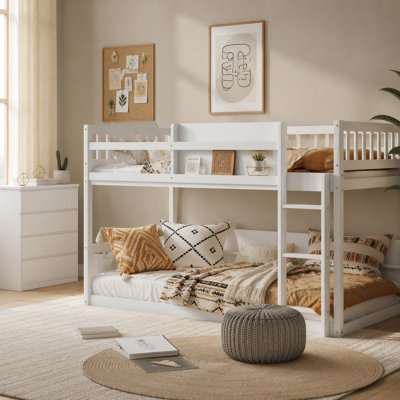 Low Twin Over Twin Bunk Bed, Floor Bunk Bed with Ladder, Solid Wood Twin Bunk Bed for Kids & Juniors, White