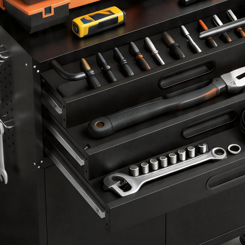 34.7-Inch Heavy-Duty Metal Mobile Tool Cabinet With Lockable Doors And Three Drawers; Garage/Studio Storage Workbench.