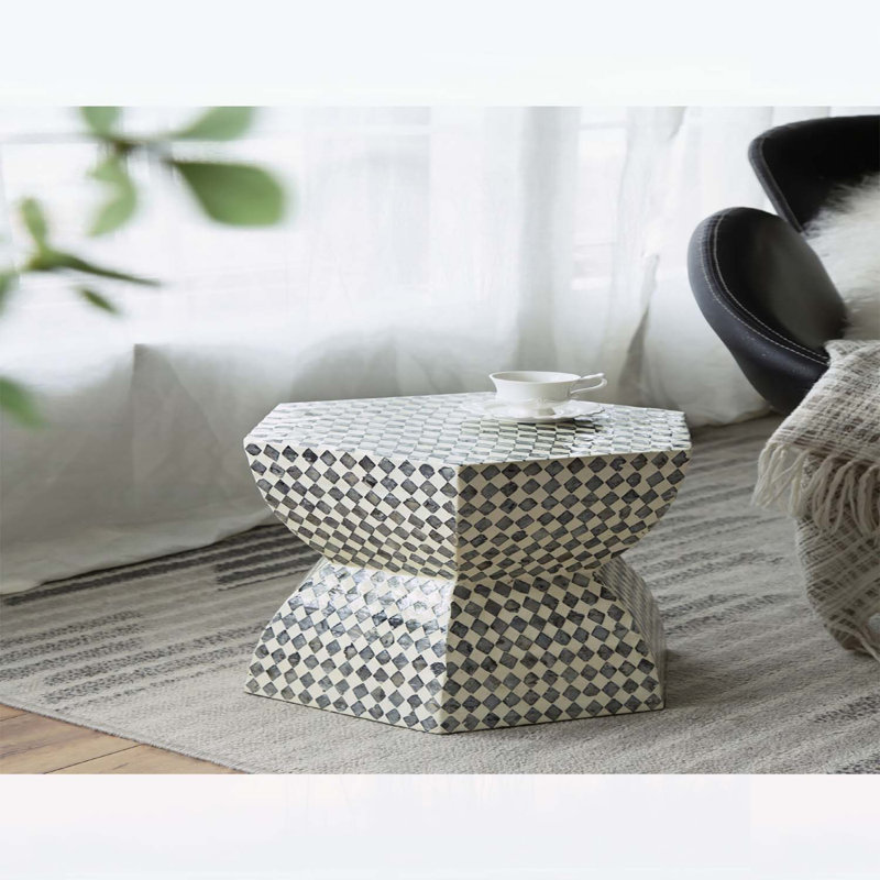 Tabouret de jardin hexagonal Capiz, table d'appoint avec motif noir / blanc, parfait pour l'élégance et la fonctionnalité intérieures