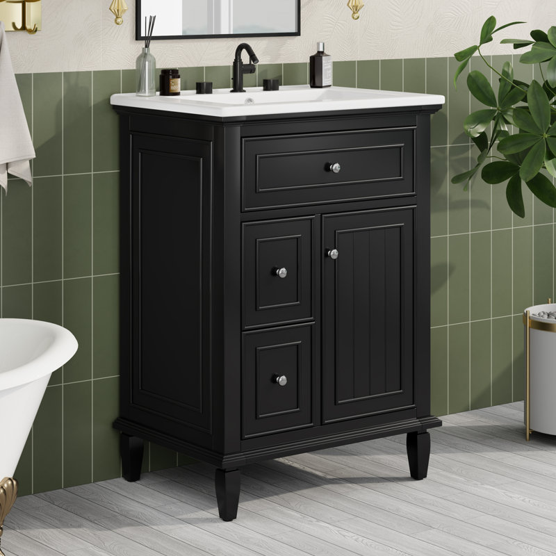 24" Bathroom Vanity With Sink, One Flip Drawer, Two Drawers And Adjustable Shelf, Black, Silver