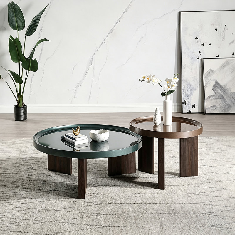 Table basse de style vintage avec plateau noir-vert brillant et pieds en placage chêne blanc