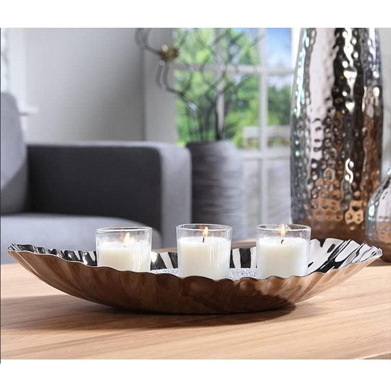 Silver Finish Decorative Tray, Versatile Centerpiece For Serving, Floral Arrangements, And Home Decor