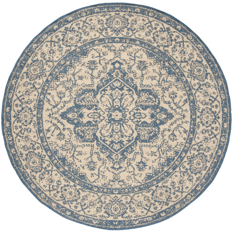 Girard Hooked Cream/Blue Indoor/Outdoor Rug, Round 201 cm