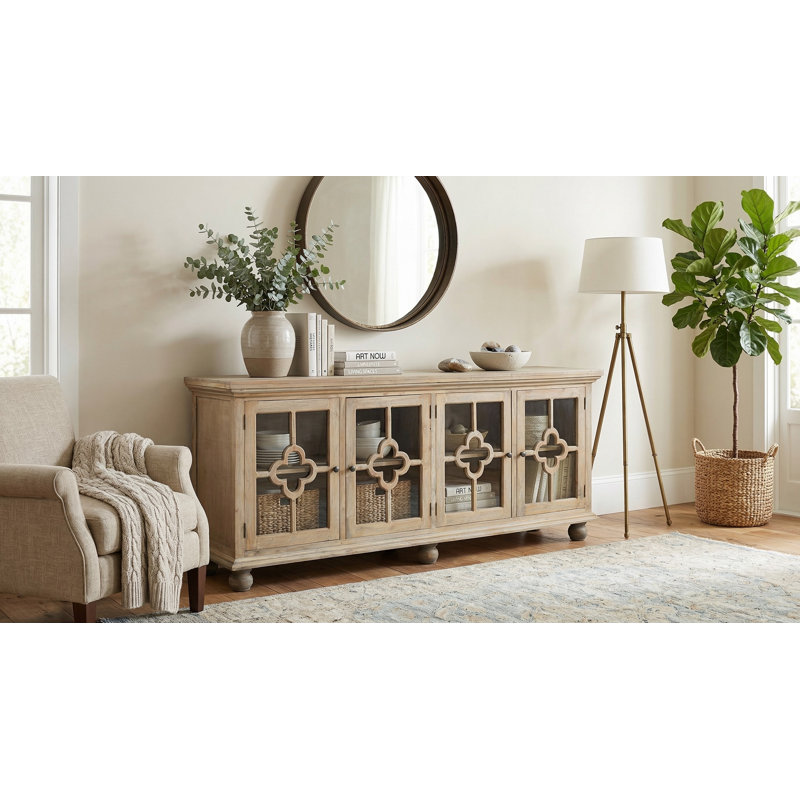 Crédence de porte en verre trèfle 87 po Sunset Trading Cottage | Vitrine en bois massif brun flottant | Buffet entièrement assemblé