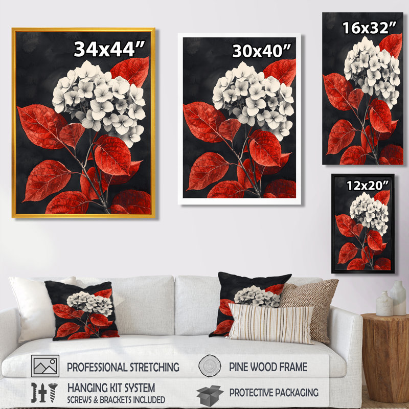 Hortensias monochromes avec feuilles rouges II - hydrangées grand art mural, H 44 po x l 34 po, Blanc