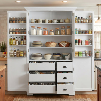 Armoire de cuisine 42 po x 20 po x 72 po en MDF blanc avec tiroirs, armoire de rangement autoportante avec tablettes de porte, tablettes réglables et plateaux coulissants