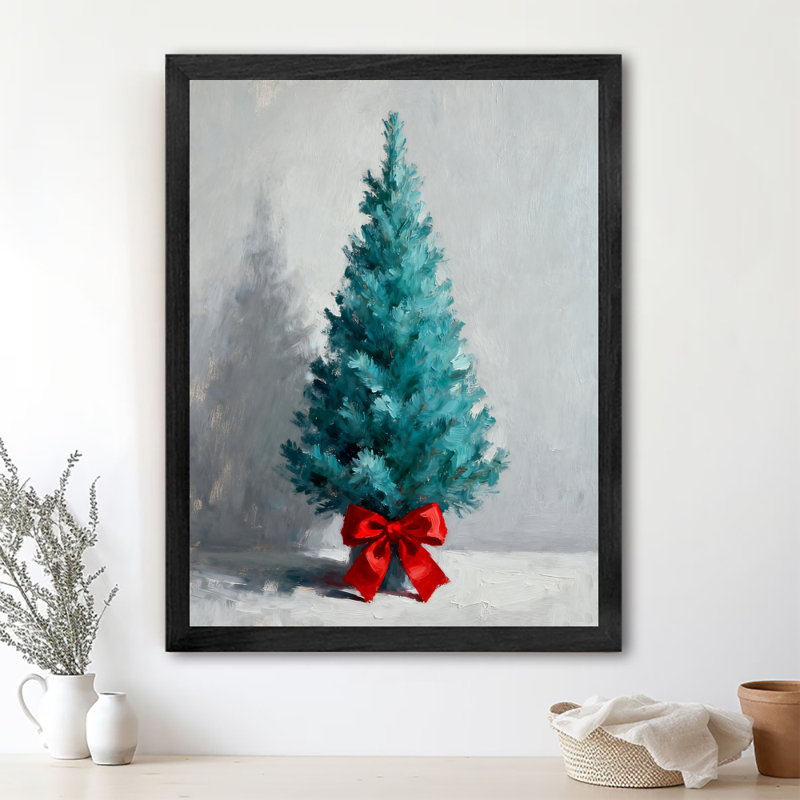 Reproduction encadrée noire rétro d'un arbre de Noël bleu avec un nœud papillon rouge, H 11 po x l 9 po