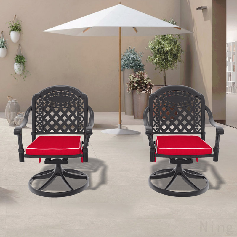 Chaise de patio pivotante en fonte d'aluminium 2 pièces avec structure noire et coussins rouges, Rouge