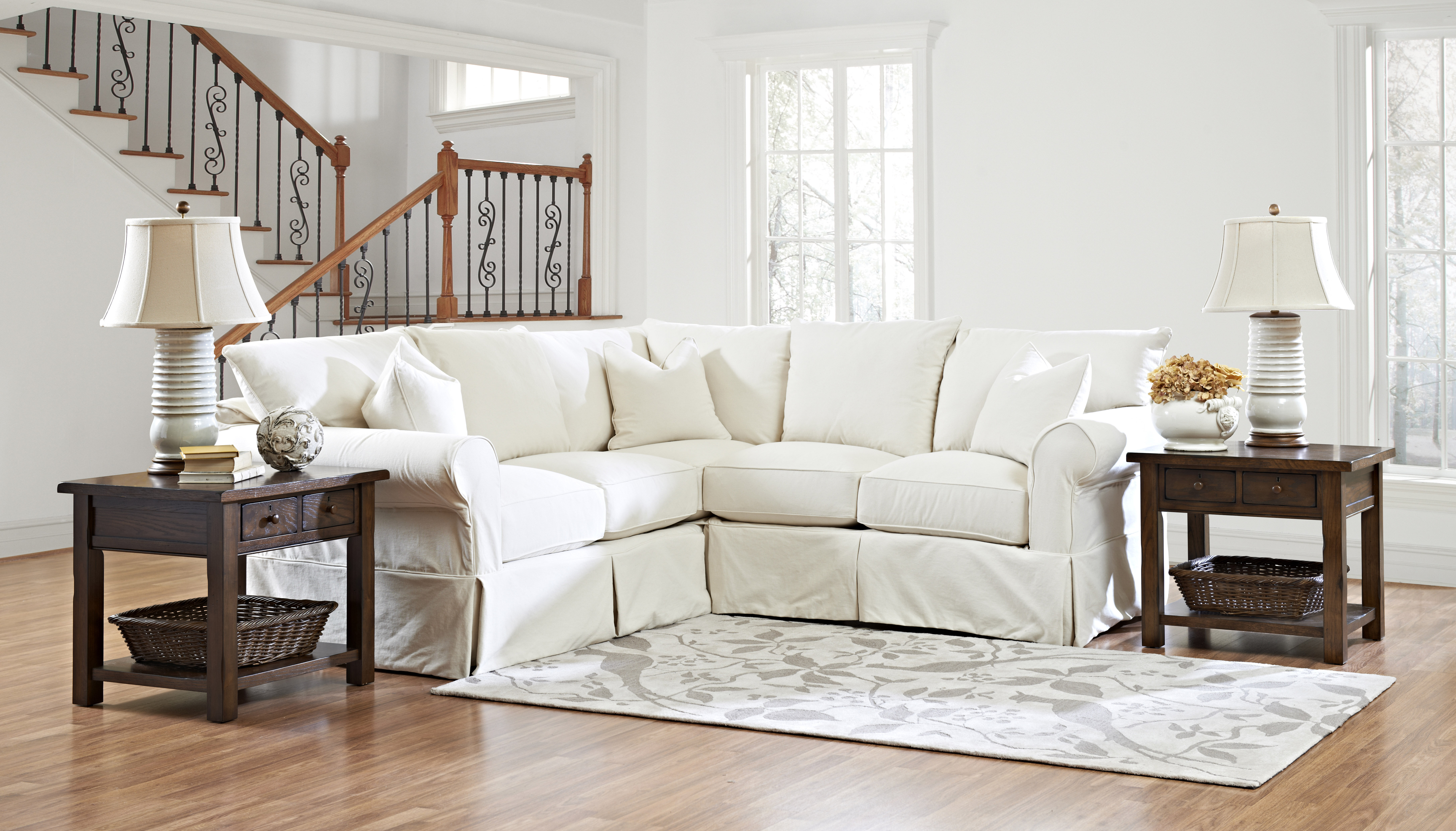 White slipcovered online sectional