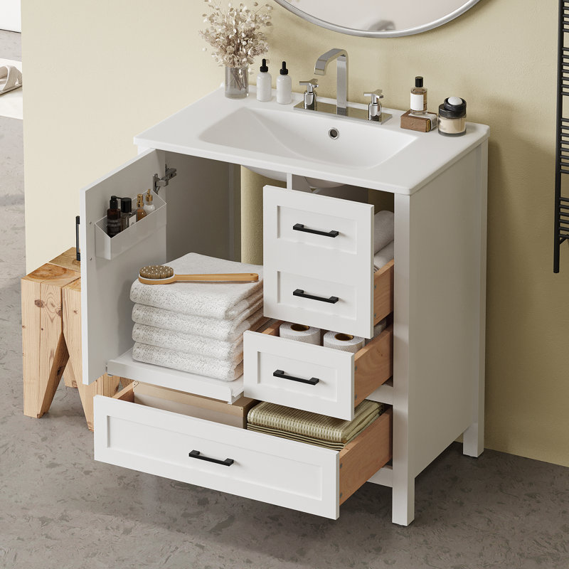 Meuble-lavabo simple 30 po avec comptoir en céramique, Blanc/Noir