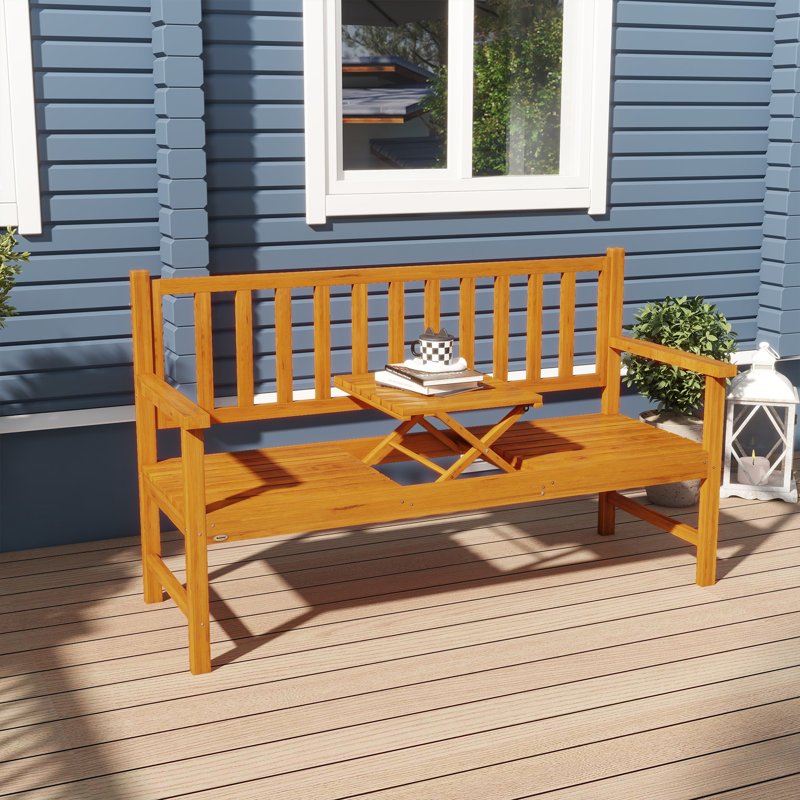 Netherby 153cm Patio Wood Bench with Liftable Middle Table for Porch Brown