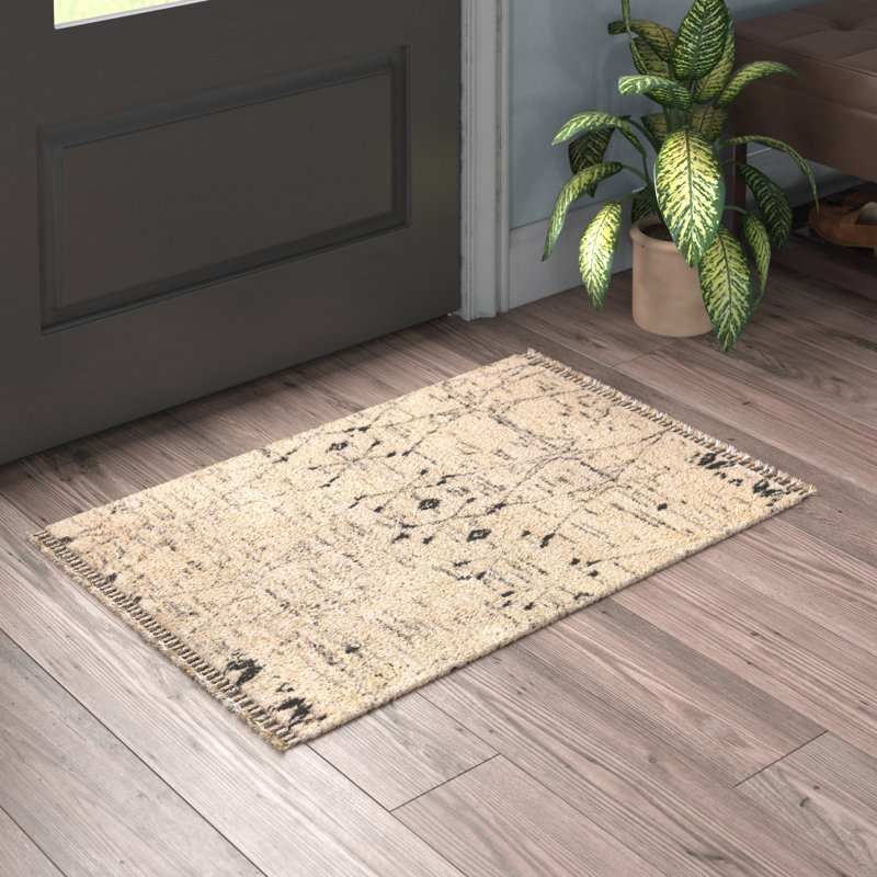 Tapis crème / gris / noir en laine noué à la main Clive, Rectangle 2 pi x 3 pi