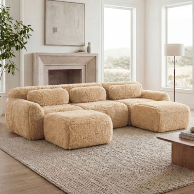 114.7" Fluffy Plush Fabric 3-Seater Boneless Modular Sofa with Anti-Slip Bottom, 2 Movable Ottomans and 3 Throw Pillows