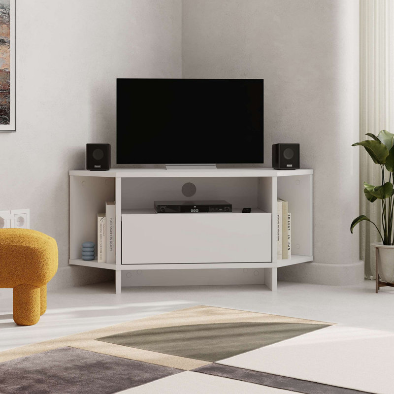 Modern White TV Stand, 37.8 x 17.7 x 13.9 inches | 100% Melamine Coated Particle Board, Thickness: 0.7 inches | Sturdy Wooden Legs, 22 lbs Capacity | Stylish Design for Living Room & Entertainment Spaces, Easy Assembly