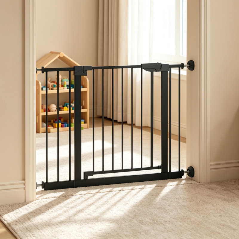 Barrière de sécurité pour bébé et chien montée sous pression de 45,3 po - Cadre large réglable, protecteur mural inclus, passage facile, sans perceuse - Barrière intérieure noire pour escaliers