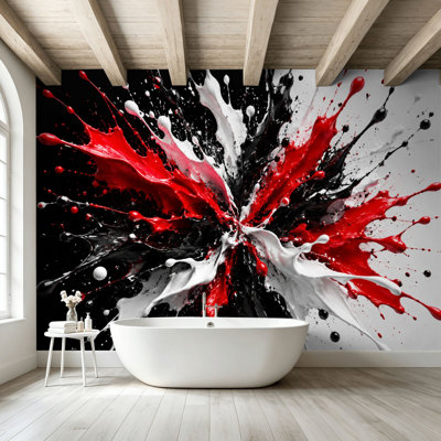 Peel and Stick Wallpaper Wall Mural Dynamic Abstract Burst Red Black White Paint Splashes Wall Art Self Adhesive and Removable