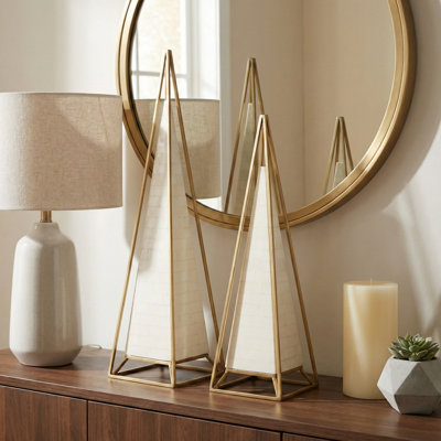 Modern Resin Pyramid Sculpture Objects with Steel Frame for Home Decor - Decorative Accent for Living Room Decoration - Set of 2, 26",22", Ivory & Gold