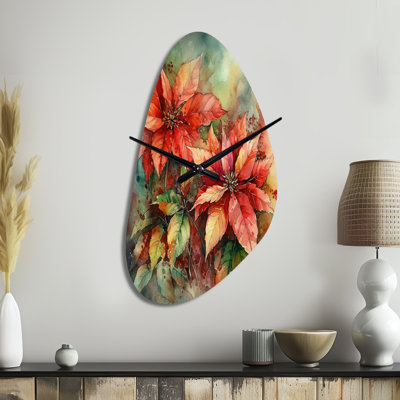 Red Blossoming Poinsettias II - Poinsettia Asymmetrical Metal Clock, Traditional Freeform Wall Clock Print