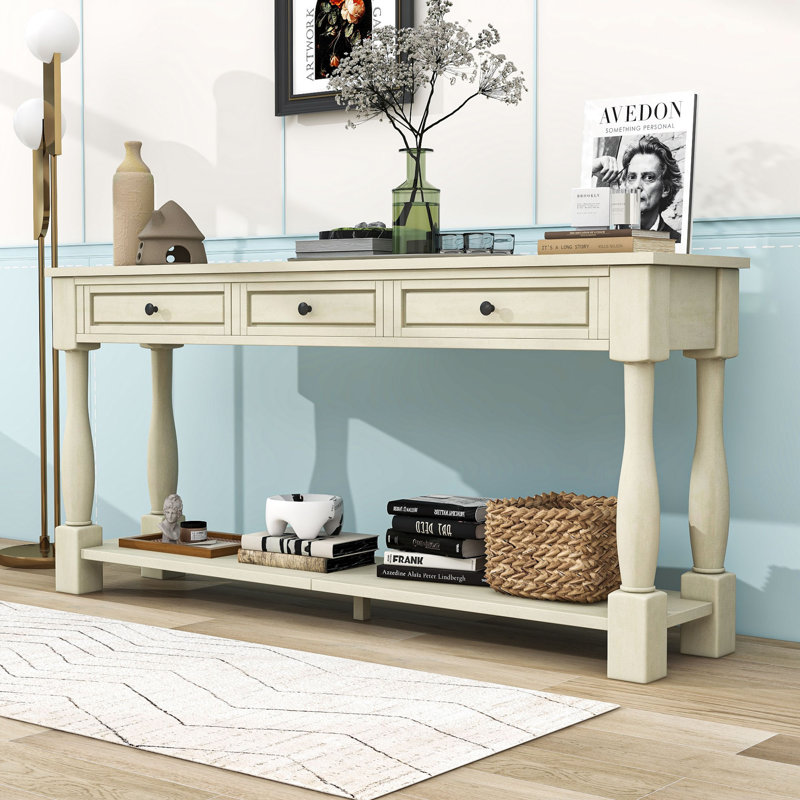 Dolo 63" Console Table with 3 Drawers and Shelf, Wood Entryway Table in Mediterranean Style, Antique White