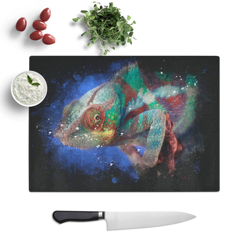Tempered Glass a Chameleon Paint Splash Chopping Board, 28.5 cm x 39 cm