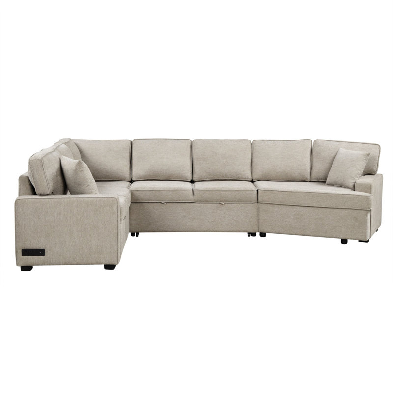 Canapé-lit modulaire en L avec canapé-lit escamotable avec dispositifs de chargement et porte-gobelets, Beige