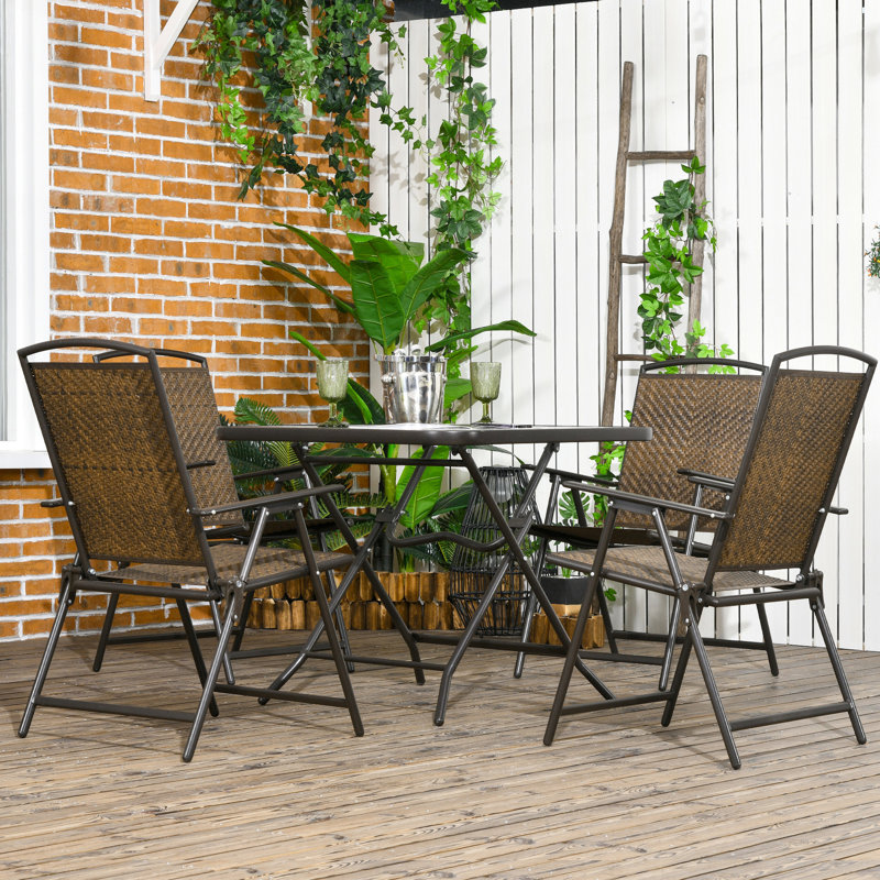 Dark Brown Patio Dining , 5, Foldable, Umbrella Compatible, Tempered Glass Table Chairs And , , Hole Table, Outdoor