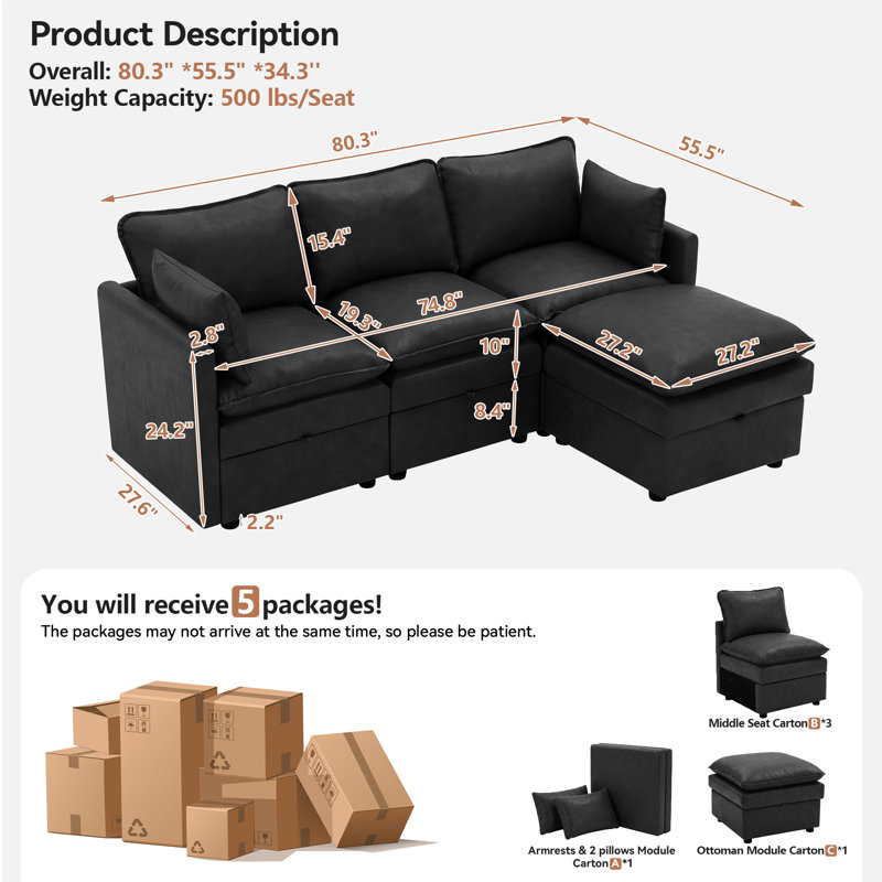 Canapé modulaire en L 80,3 po avec rangement, Pu-black