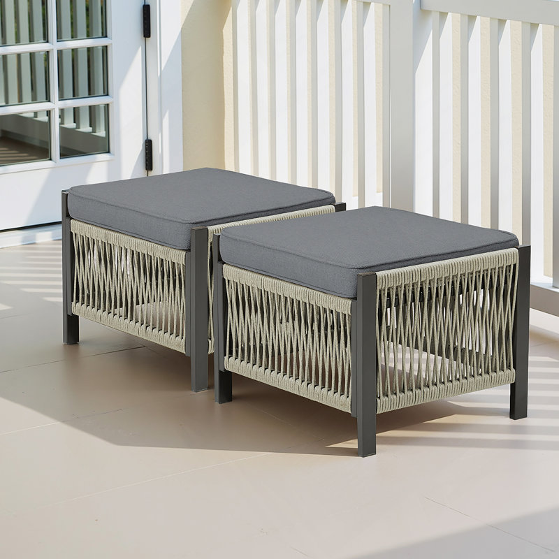 Ensemble de 2 repose-pieds d'extérieur en osier de polyéthylène pour l'extérieur avec coussin gris pour cour ou terrasse
