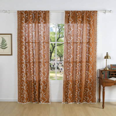 Terracotta-Coloured Burnt Orange Linen Semi-Sheer Curtains, 84 Inches, Two-Piece Pack, Bohemian Farmhouse Floral Print, Suitable For Living Room.