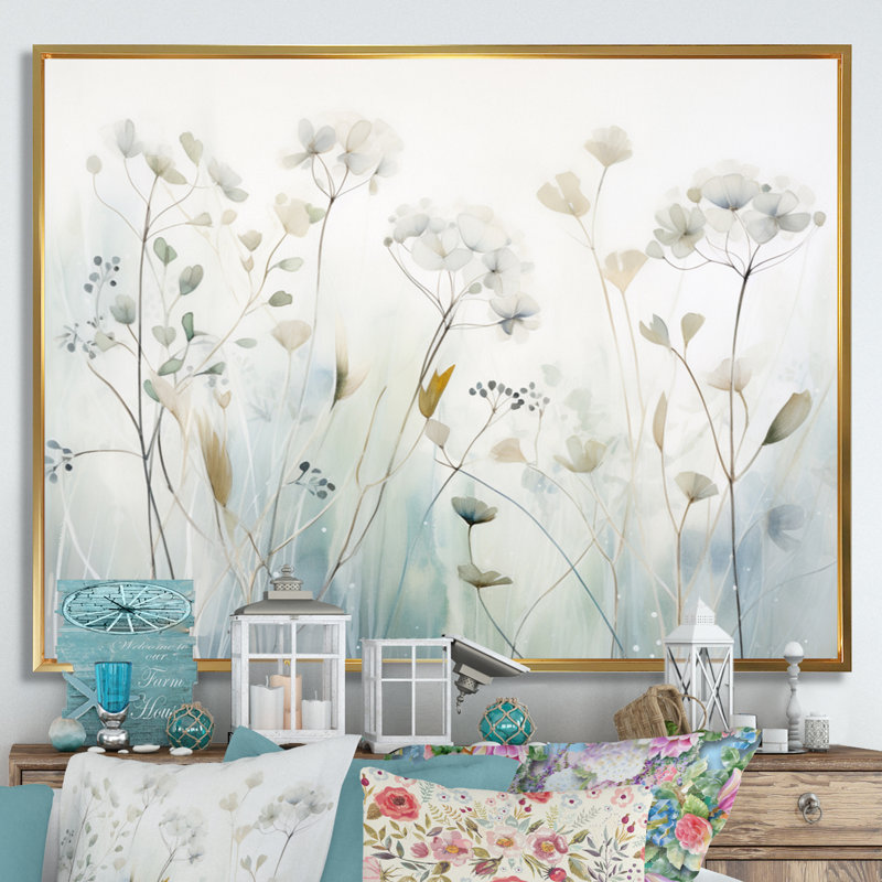 «Blue Botanical Oasis I - Abstract Botanicals», art mural, Cadre flottant doré, H 12 po x l 20 po x P 1 po