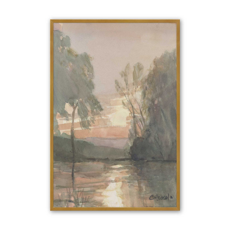 Coucher de soleil sur la rivière Connecticut I par Stephen Calcasola, reproduction d'art sur toile, H 16 po x l 12 po, Doré